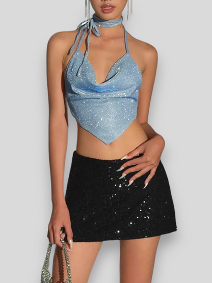 Shinny Backless Top Sexy Deep V-neck