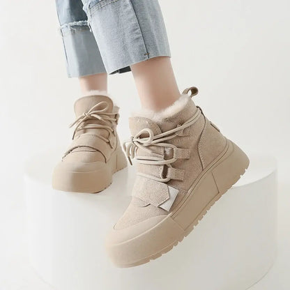 SOMILISS Women's Short Boots For Winter Genuine Cow Suede Leather Short Plush Warm Ladies Fashion Thick Sole Snow Boots