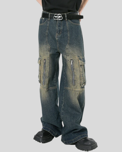 Women's Vintage Multi-pocket Denim Cargo Pants, Wide Legs