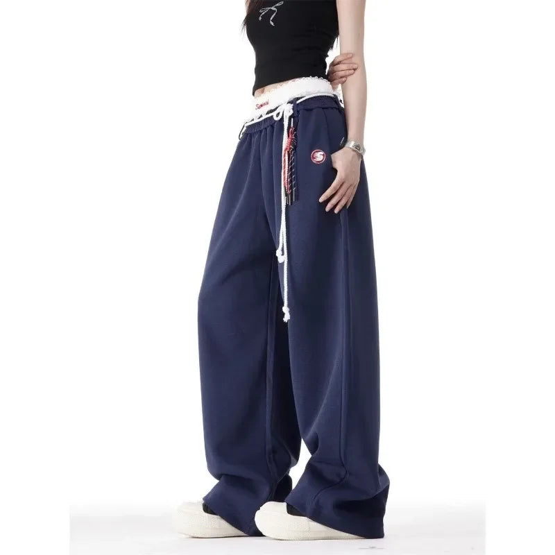 QWEEK Vintage Oversized Women's Blue Baggy Sweatpants