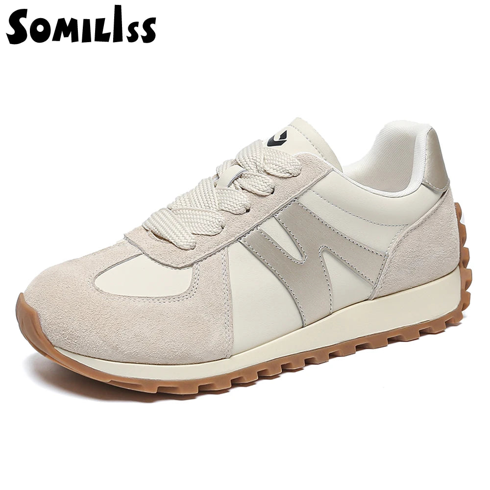 SOMILISS Beige Wide Toe Box Microfiber Leather Sneakers