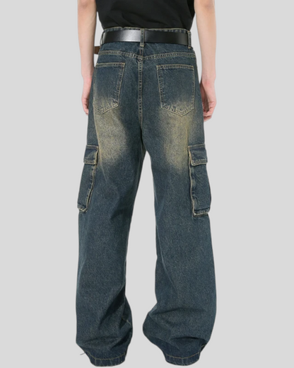 Women's Vintage Multi-pocket Denim Cargo Pants, Wide Legs