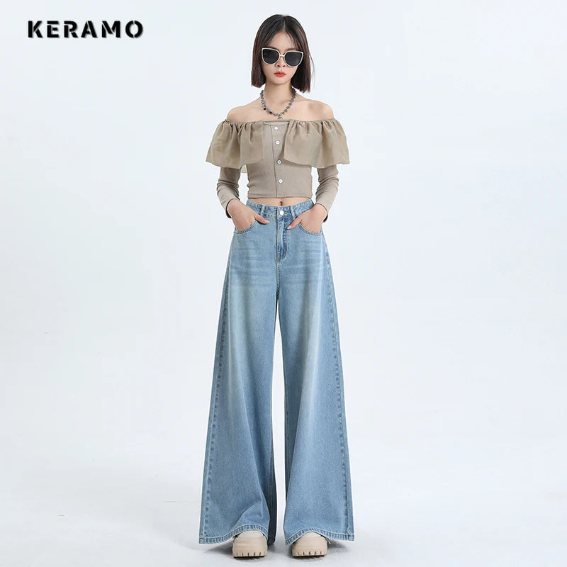 American Light Blue Retro High Waist Oversized Jean Pants