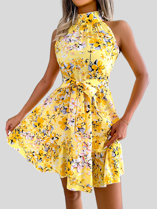 Summer Floral Print Short Dress, Yellow