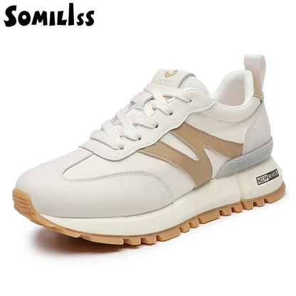 SOMILISS Beige Leather Round Toe Lace-Up Sneakers