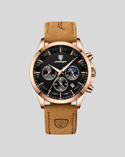 POEDAGAR Men's Leather Quartz Watch Chronograph Luminous