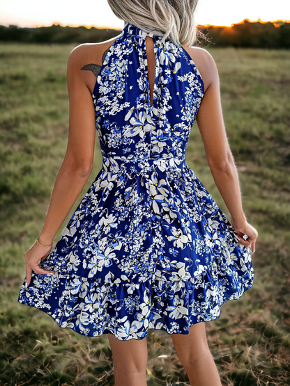 Summer Floral Print Short Dress, Blue