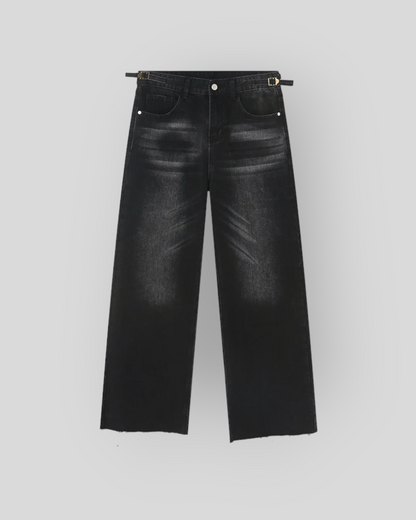 Men's Vintage Black Grey Denim Baggy Jeans, Wide Legs