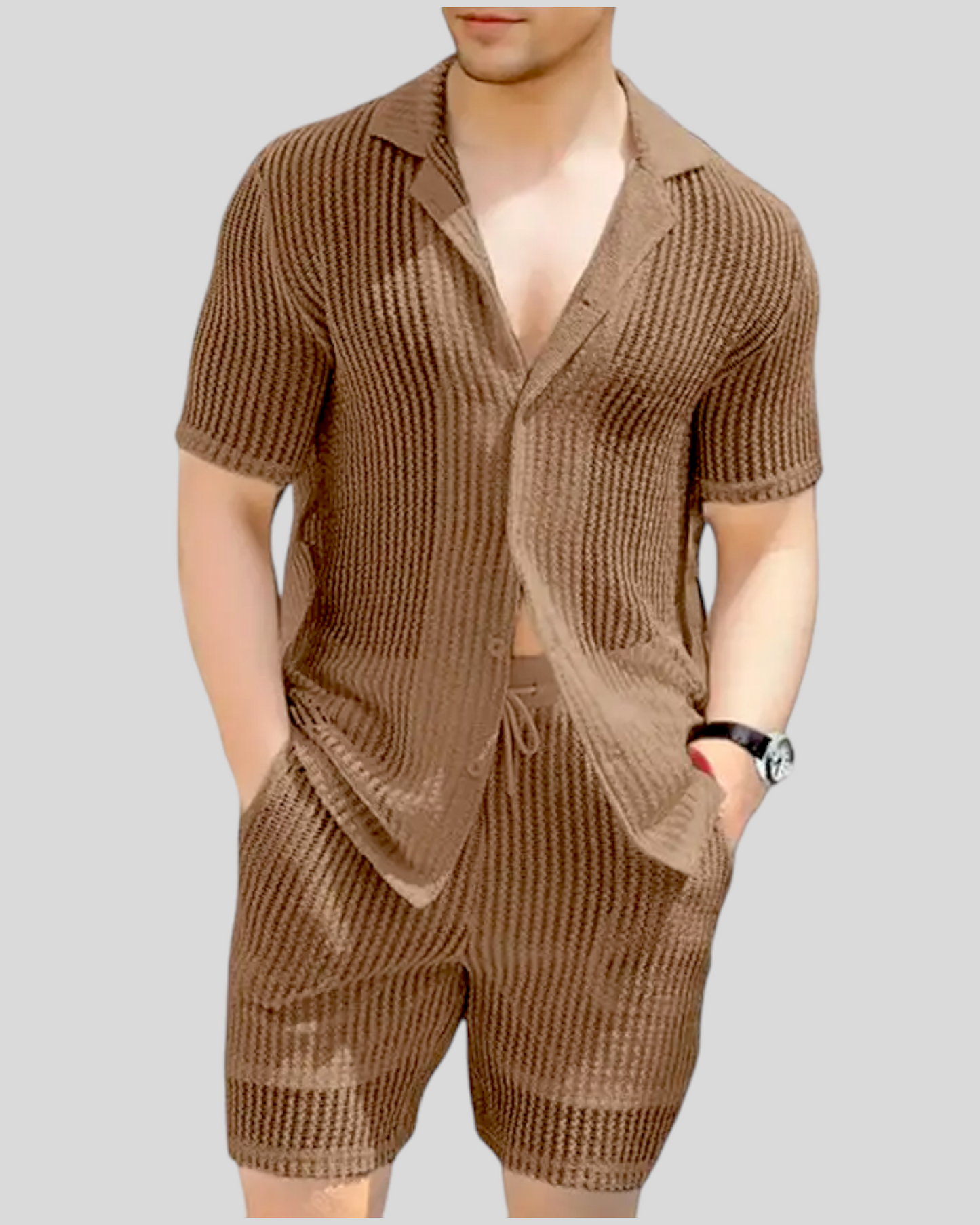 INCERUN Transparent Shirt & Short Set, Khaki