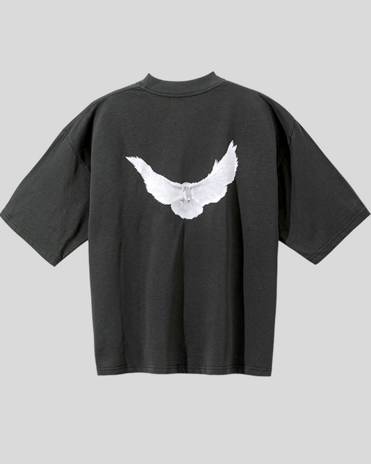 Elbow Sleeve Oversized Loose DOVE Kanye West T-Shirt, Black, Dark Grey