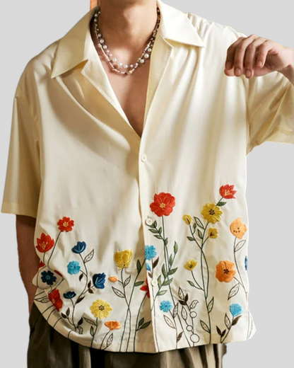 INCERUN Men Short Sleeve Loose Flower Shirt