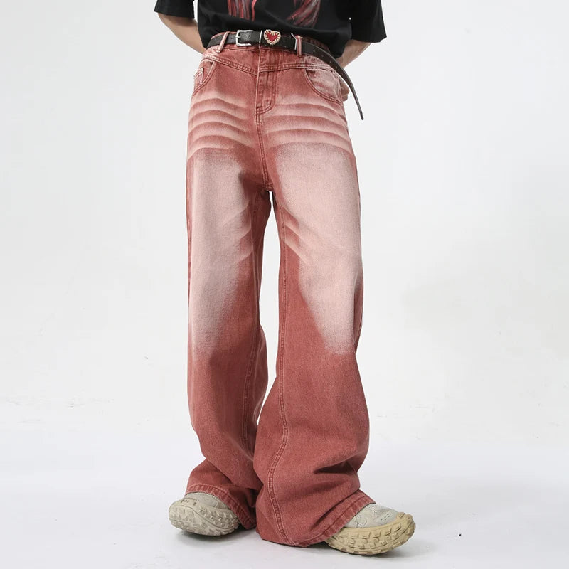 American Style Straight Wide Men's Red Washed Jeans