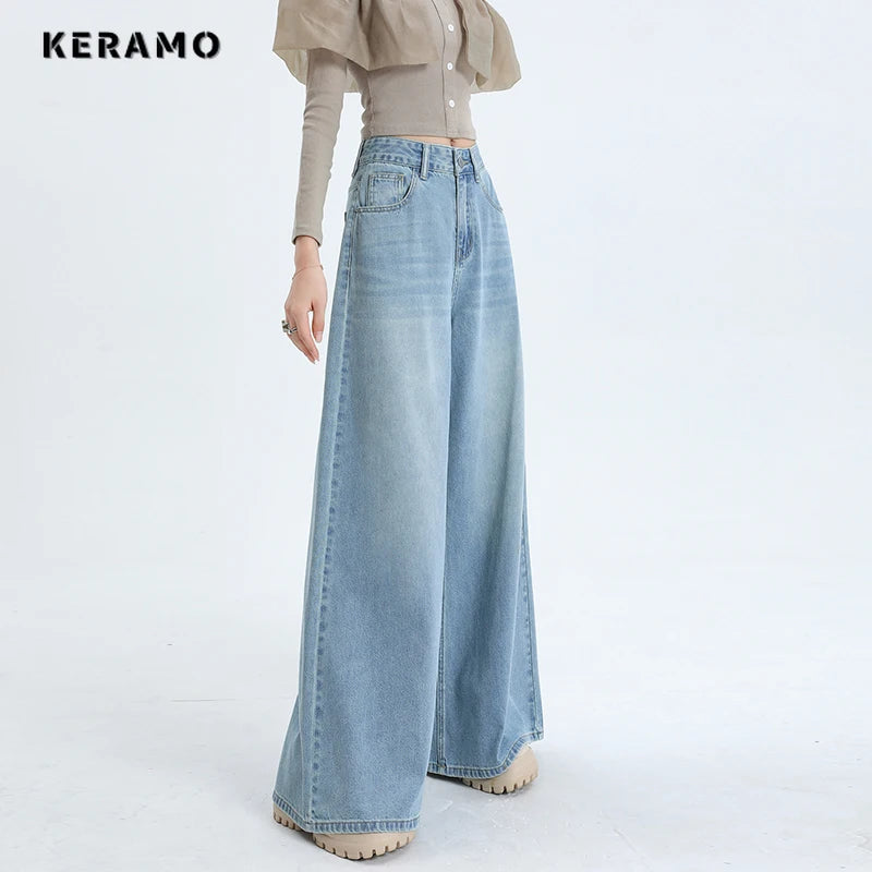 American Light Blue Retro High Waist Oversized Jean Pants