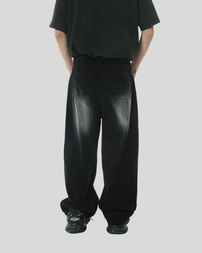 Men's Vintage Black Grey Denim Baggy Jeans, Wide Legs