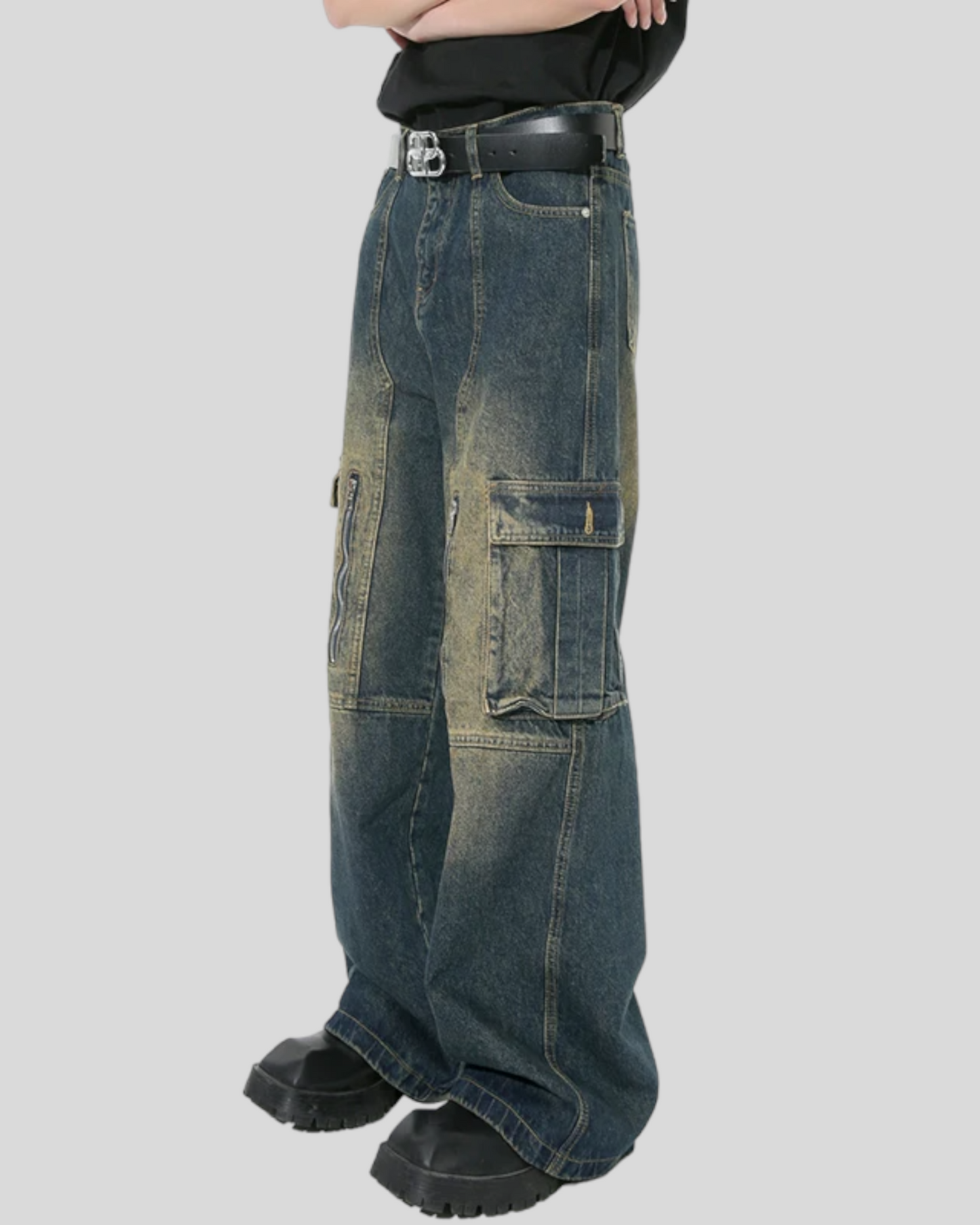 Men's Vintage Multi-pocket Denim Cargo Pants, Wide Legs