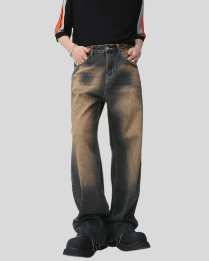 Men's Vintage Streetwear Brown Blue Baggy Jeans.