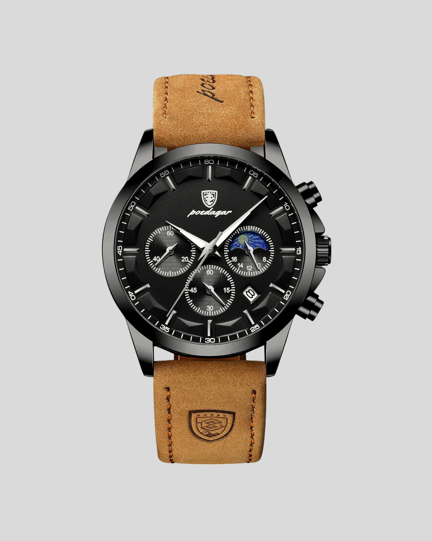 POEDAGAR Men's Leather Quartz Watch Chronograph Luminous