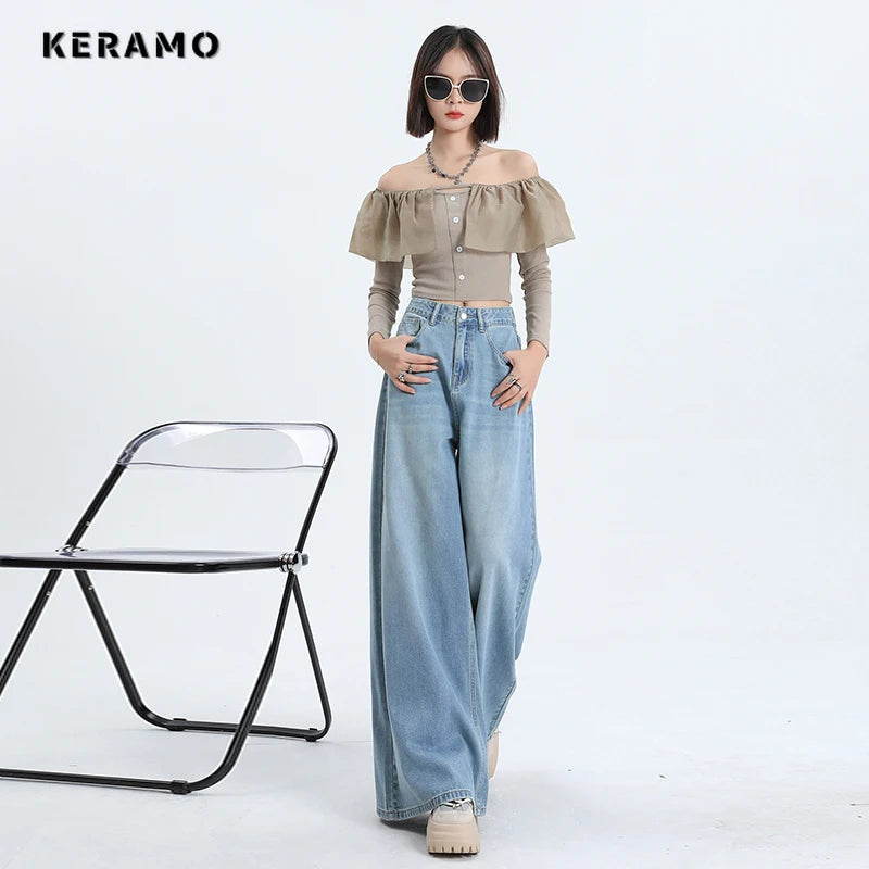 American Light Blue Retro High Waist Oversized Jean Pants