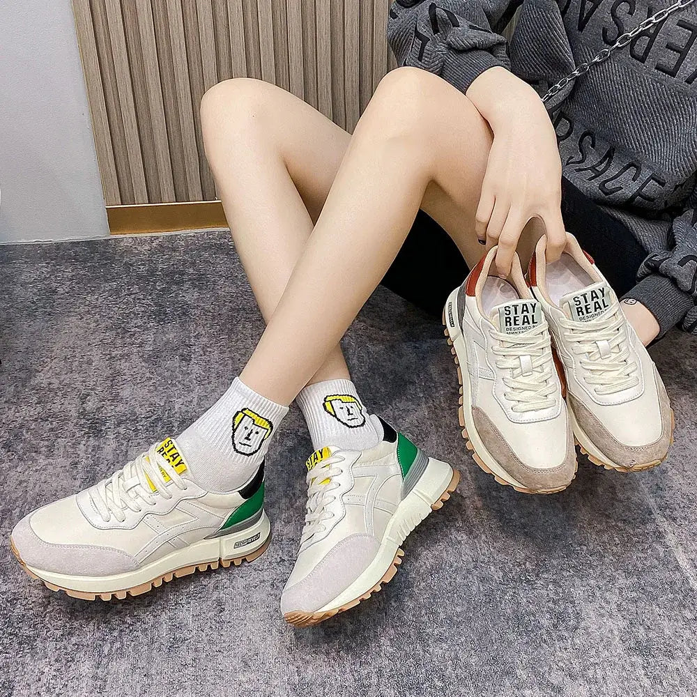SOMILISS Women's Casual Sneaker Genuine Leather Pachwork Lightweight Breathable Ladies Fashion Running Shoes Platform Sneakers