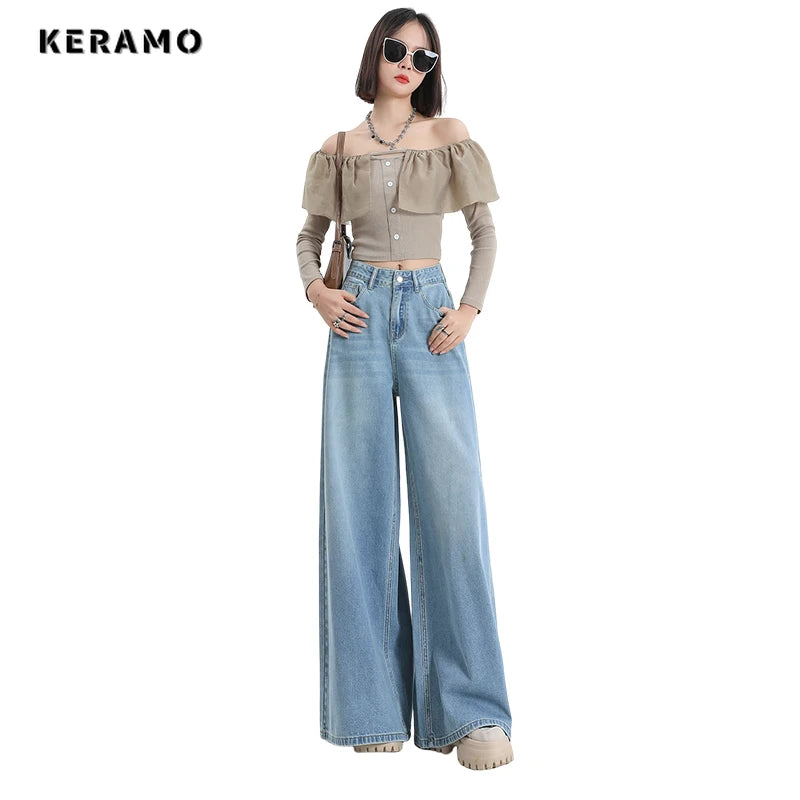 American Light Blue Retro High Waist Oversized Jean Pants