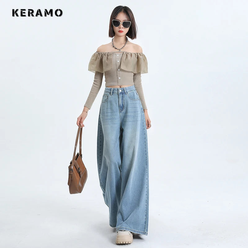 American Light Blue Retro High Waist Oversized Jean Pants