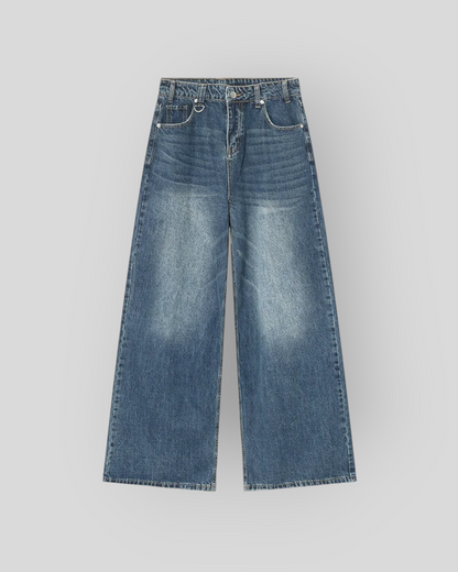Women's Vintage  Blue Washed Denim Baggy Jeans, Wide Legs