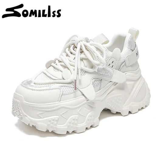 SOMILISS Chunky Shoes for Women Microfiber Leather Mesh Patchwork Spring Summer Casual Fashion Non Slip Platform Sneaker