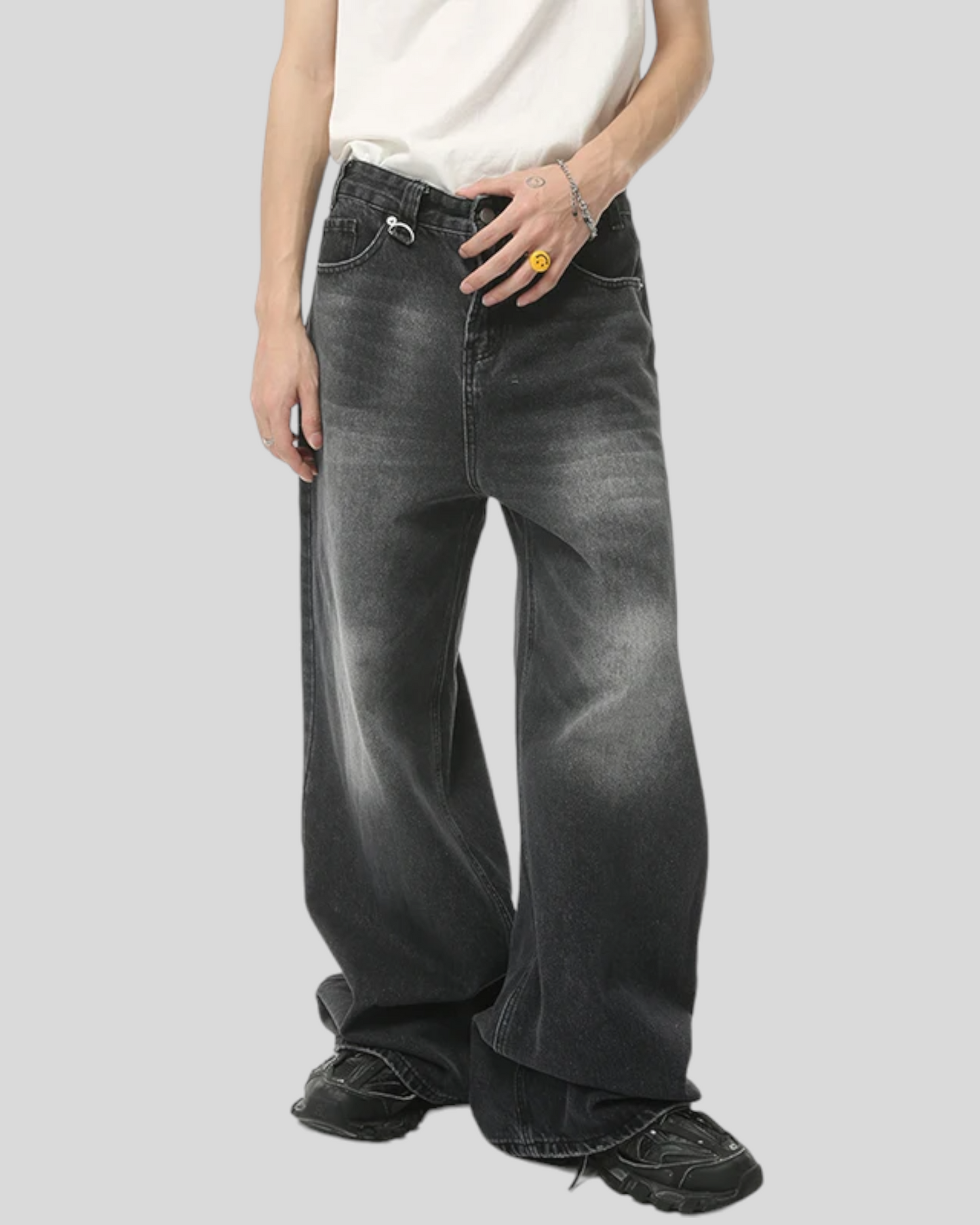 Men's Denim Black Grey Loose Fit Baggy Jeans, American Style.
