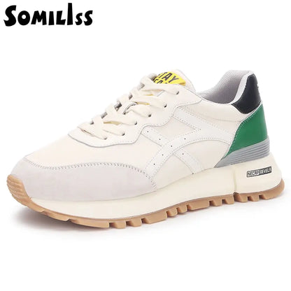 SOMILISS Women's Casual Sneaker Genuine Leather Pachwork Lightweight Breathable Ladies Fashion Running Shoes Platform Sneakers