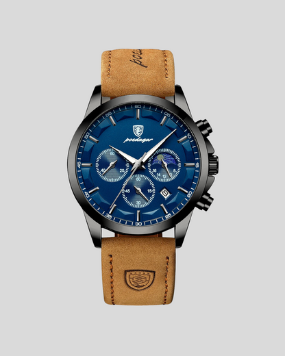 POEDAGAR Men's Leather Quartz Watch Chronograph Luminous