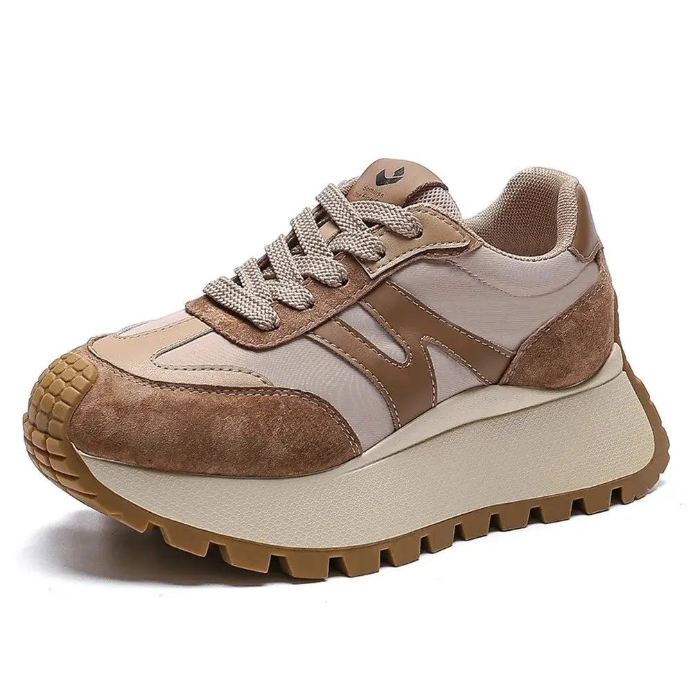 SOMILISS Women Platform Sneakers Pig Sude Satin Cloth Patchwork Lace-Up Round Toe Ladies Casual Sneakers Designer Brand Shoes