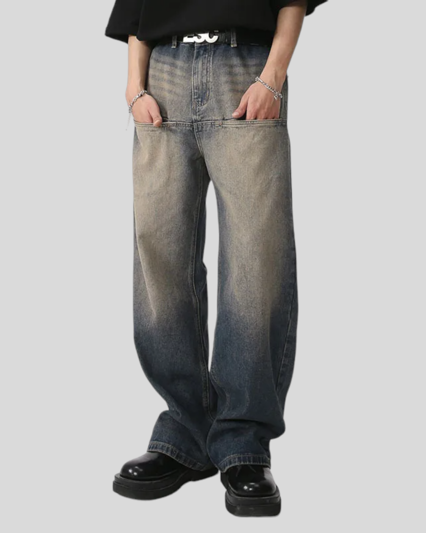 Men's Front Pocket Vintage Washed Baggy Jeans, Wide Legs