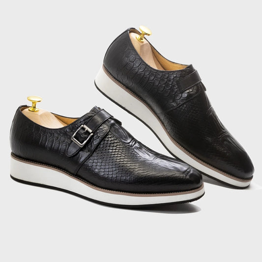 XEBOS Black Leather Crocodile Pattern Shoes