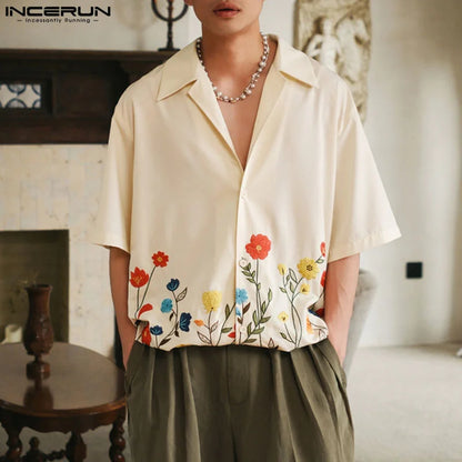 INCERUN Men Short Sleeve Loose Flower Shirt