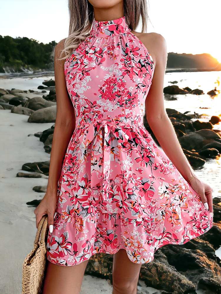 Summer Floral Print Short Dress, Pink
