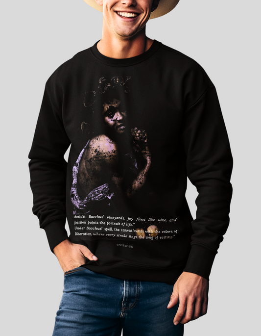 Men's bacchus skate black sweatshirt with a modern artistic design available for purchase